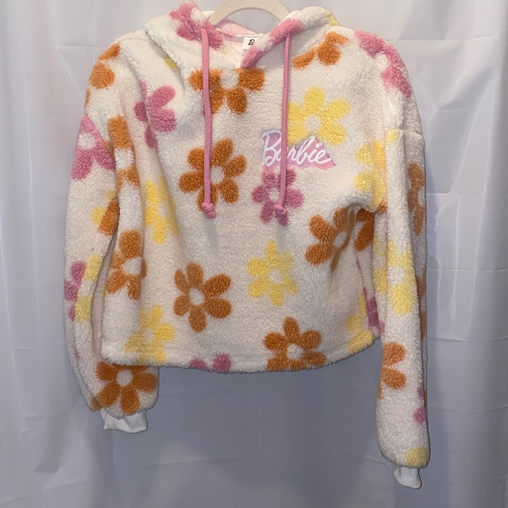 Women's Barbie the Movie Flower Sherpa Faux Fur Cropped Pullover Hoodie size S
